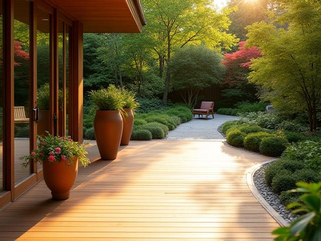 車椅子でもアクセスしやすい平坦なウッドデッキと、座って手が届く高さのプランターが設置された美しい庭