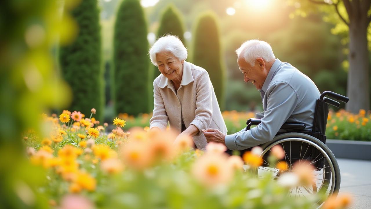 車椅子に乗ったパートナーと笑顔で花壇の手入れをする高齢の女性。誰もが安全に自然と触れ合える優しい空間