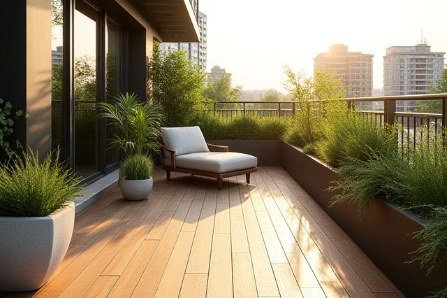 ウッドパネルと植物で飾られたモダンなバルコニー