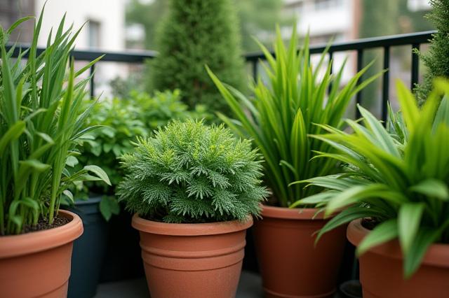 コンテナ植栽が美しい、くつろぎのバルコニー