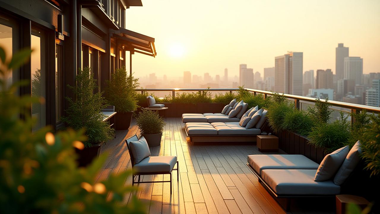 都会のマンションのルーフバルコニーに作られた、モダンで洗練された小さな庭、緑豊かな植物とウッドデッキ、座れるスペースがある