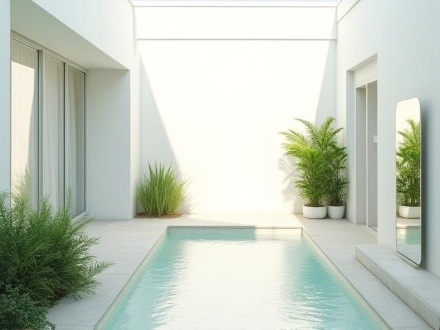 水盤と白い壁が光を反射し、明るく開放的な雰囲気を持つ狭小庭園