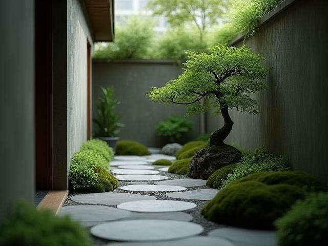 奥行きを感じさせるように配置された石と植物があるミニマルな庭