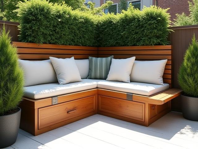 収納機能とベンチを兼ね備えた、モダンな木製ガーデン家具