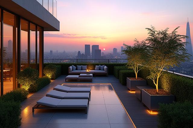 都会のスカイラインを背景にした、開放的な屋上庭園