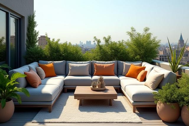 くつろげるソファと緑豊かな植物がある、モダンなルーフテラス