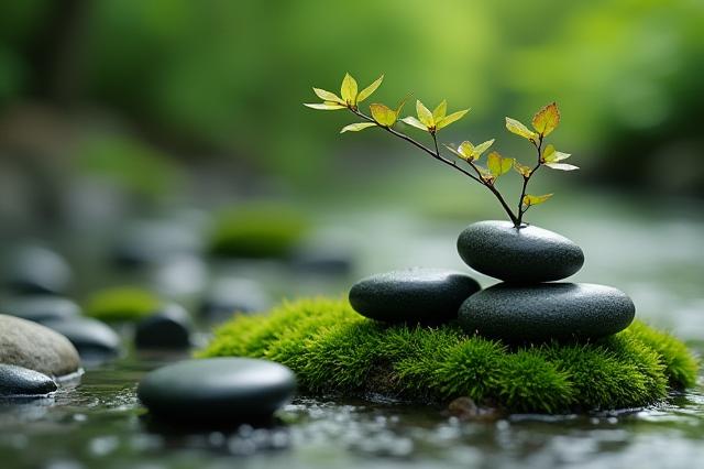 石と植物のシンプルな構成で落ち着いた印象の坪庭