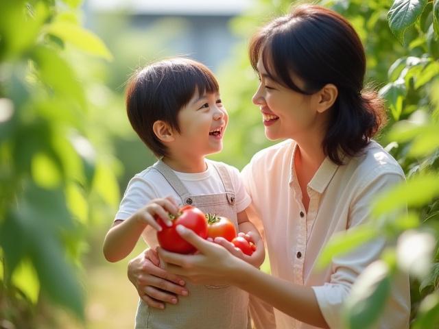 子供と一緒に野菜を収穫する親子の姿