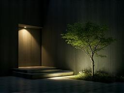 夜間ライトアップで幻想的な陰影が演出された庭