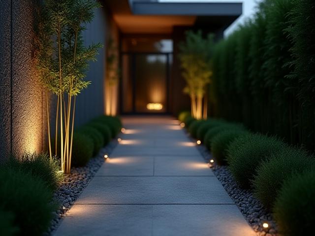 ミニマルな植栽と照明で構成されたアプローチ