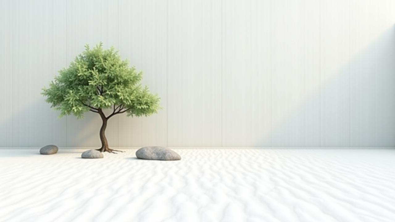 コンクリート壁、一本の紅葉、数個の景石、白砂の砂紋からなる極めてシンプルな和モダン庭園