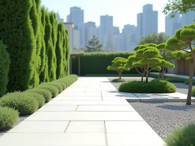 手入れが行き届き、整然とした和モダン庭園の全景