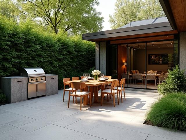 広々とした屋外ダイニングスペースとBBQグリル