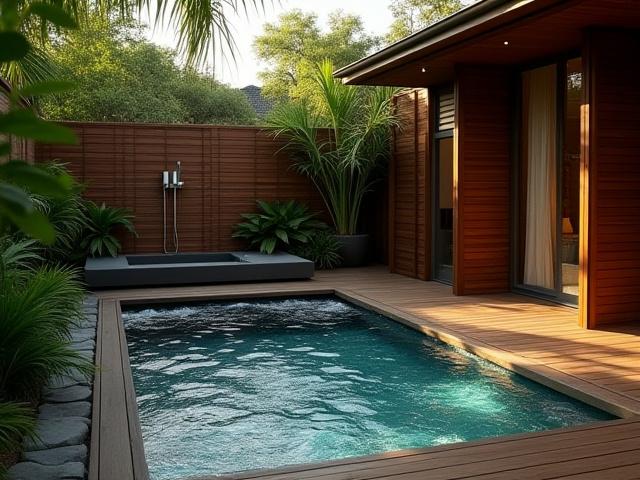 ジャグジーと屋外シャワーが設置されたプライベートスパの庭