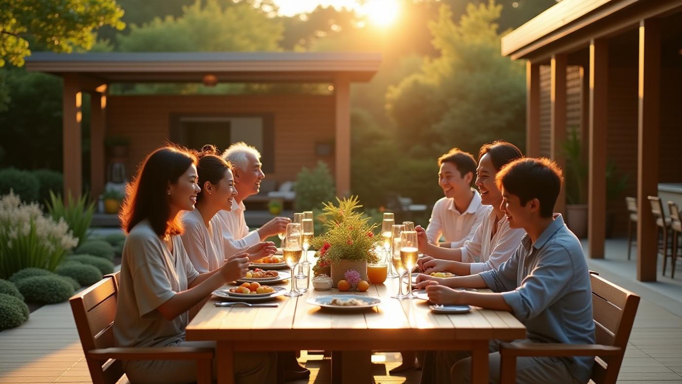 友人たちと屋外ダイニングで楽しそうに過ごす家族の屋外リビング