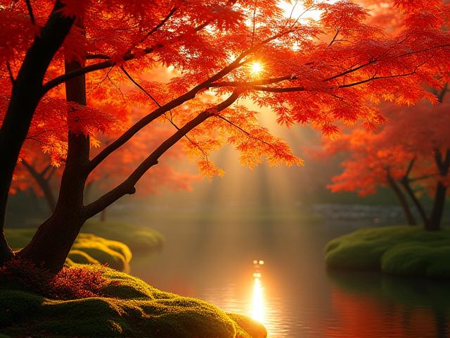 紅葉したモミジの葉が美しい秋の日本庭園