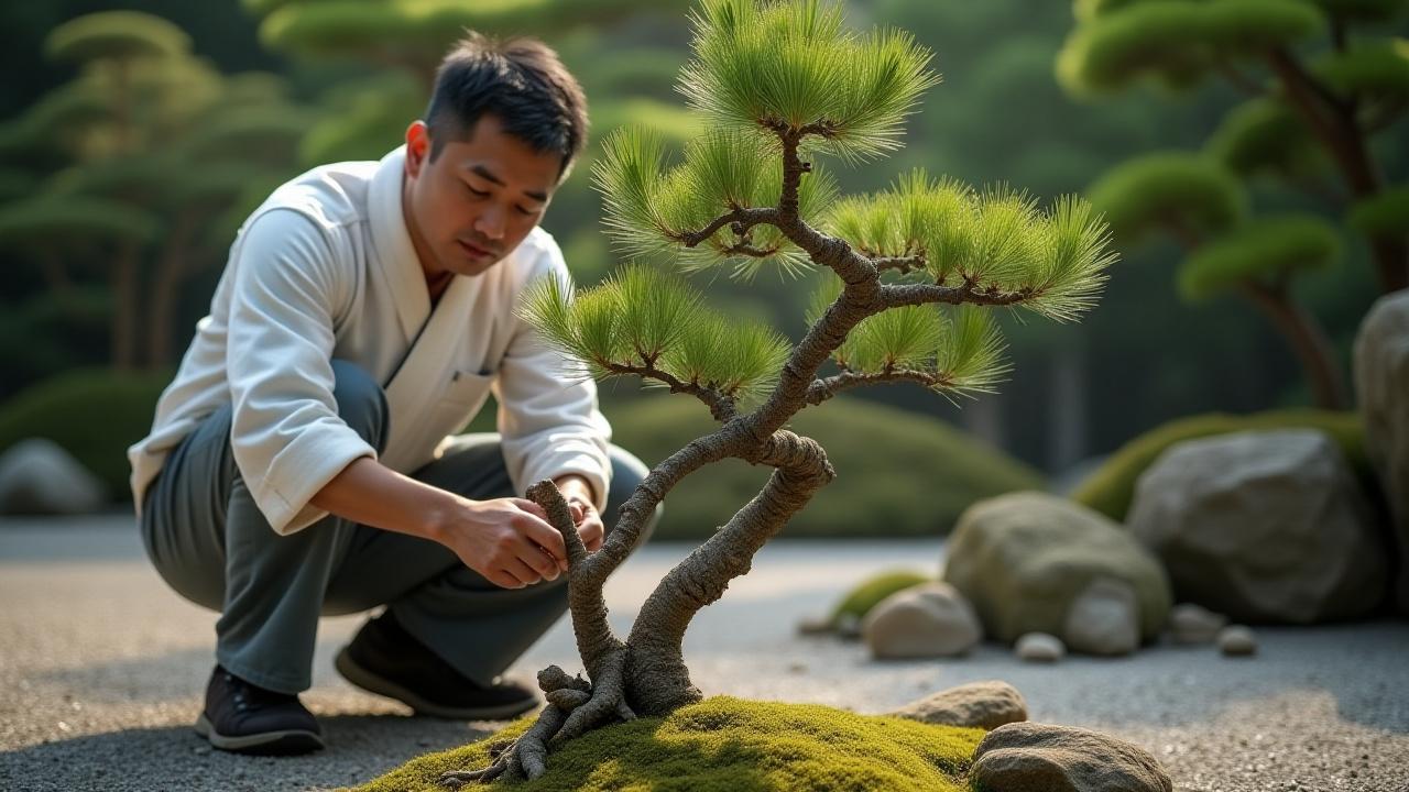 プロの庭師が繊細な手つきで松の木を剪定している様子