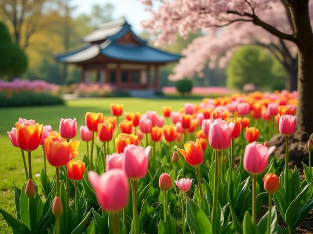 春の庭で咲き誇るチューリップと新緑