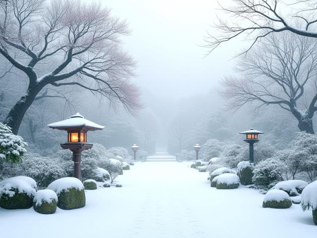 雪化粧した静寂な冬の日本庭園