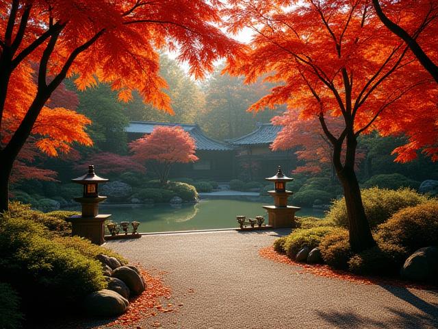 秋の紅葉に囲まれた美しい日本庭園