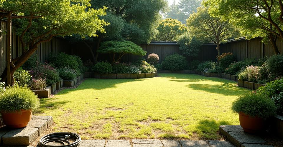 スマート化前の、毎日の水やりや手入れが大変そうな庭