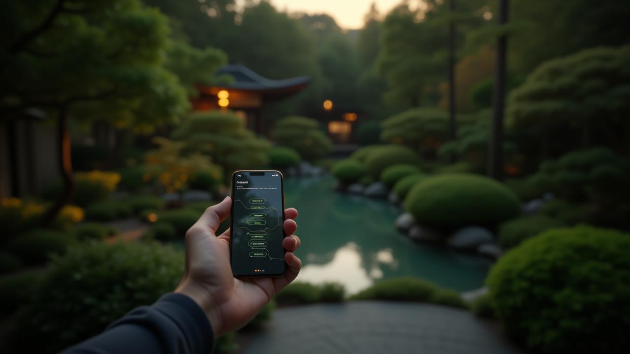 スマートフォンで操作される洗練された庭園のクローズアップ画像、抽象的なデータフローのグラフィックが重ねられている